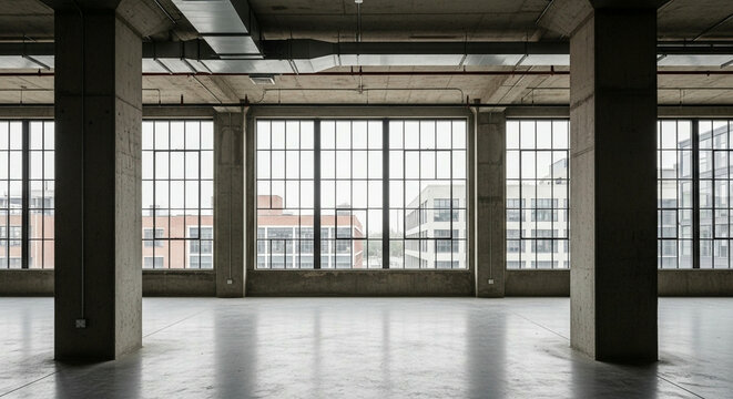 Expansive industrial loft with large windows and concrete pillars, offering a raw and open urban space