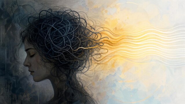 Conceptual Art of a Woman Untangling Mental Chaos into Clarity and Inner Peace