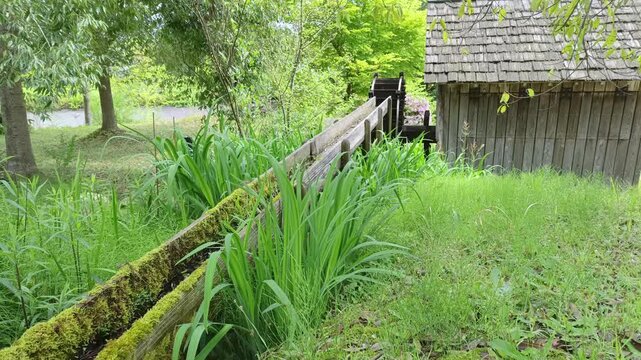 Unused Old Water Wheel in a Quiet Rural Japanese Garden