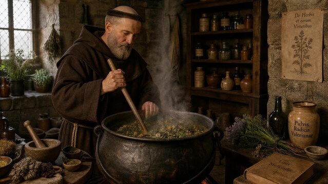 Medieval Monk Herbalist Preparing Traditional Medicine in a Steaming Cauldron