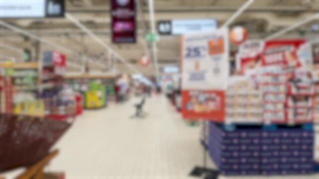 Blurred View of a Large Supermarket Aisle with Product Displays