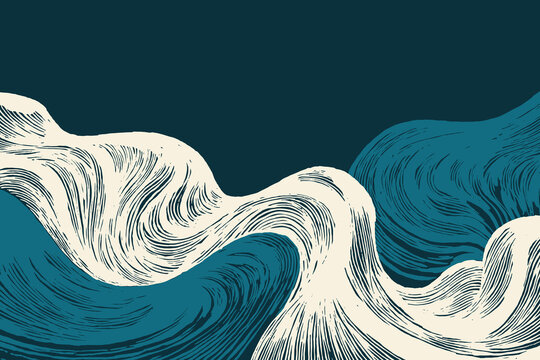 Hand drawn Japanese-inspired abstract swirling waves background with engraved flowing lines, bold blue tones and dynamic ocean curves, minimal high-contrast nautical composition