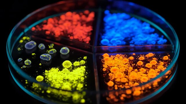 A petri dish contains four quadrants of fluorescent colored substances.