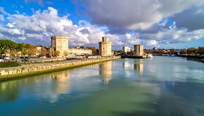 Obraz premium Medieval Stone Towers Landscape Photo With Blue And Clouds Over La Rochelle Harbor Waterfront Reflections In Charente Maritime Coastal France Landmark