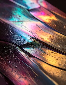 Iridescent Damascus Steel Knife Blades Macro Photography With Rainbow Metallic Oil Slick Colors And Textured Wavy Woodgrain Patterns In Dark Lighting