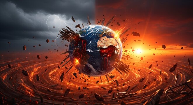 Earth Exploding in Fiery Cataclysm with Stormy Sky
