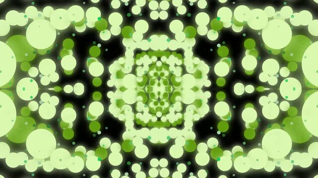 Abstract kaleidoscope pattern of glowing green and light green circles radiating from the center creating an optical effect