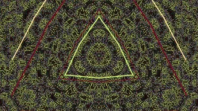 Abstract kaleidoscope pattern with circuit board design in neon yellow and green creating a digital techno backdrop for modern projects