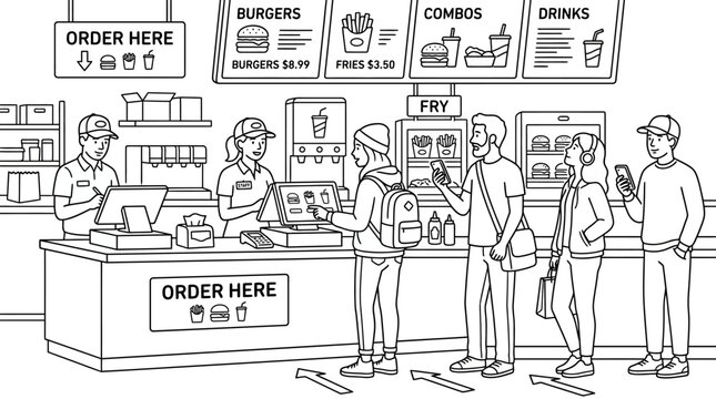 Line drawing of people ordering and working at a fast food restaurant counter with menu boards and a welcoming sign.