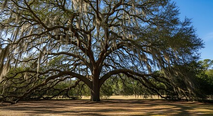 Fototapeta premium Majestic Moss Draped Oak Tree Standing in Sunlit Park Landscape