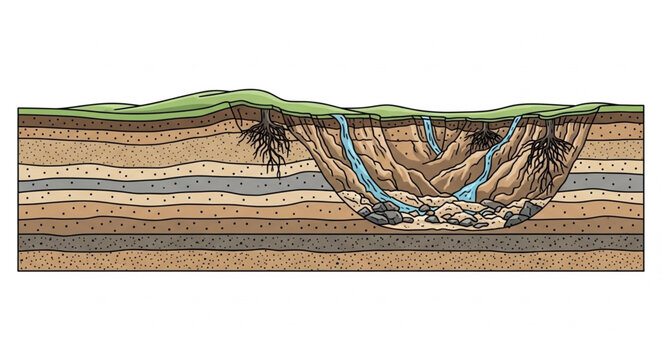 Cross section of a sinkhole forming in sedimentary rock layers.