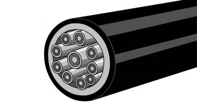 Cross section of a thick black electrical cable with multiple wires inside.