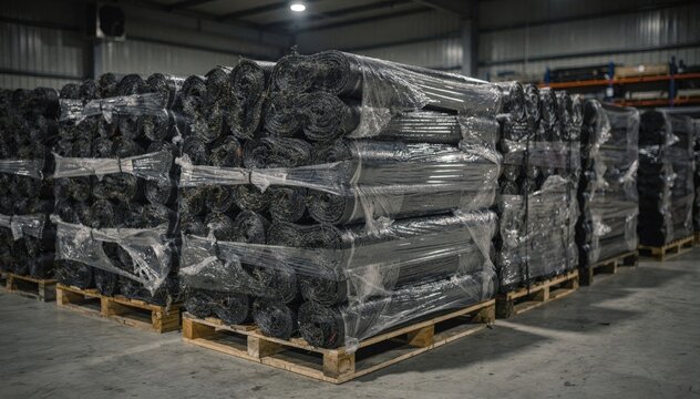 Warehouse imagery featuring tightly wrapped bundles of saturated roofing felts on pallets highlighting material texture and protective packaging under artificial lighting.
