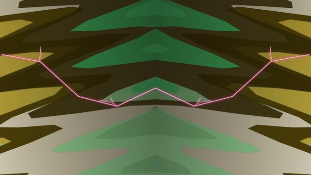Abstract mirrored pattern with neon pink lightning bolt accent on green and beige geometric backdrop for modern dynamic design