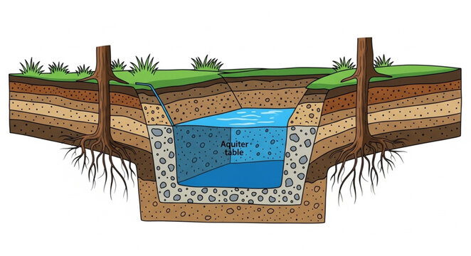 Cross section of a drainage system showing layers of soil and gravel.