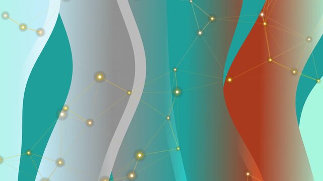 Abstract network connections over colorful wavy background illustration in teal rust and gradient shades creating a modern digital feel