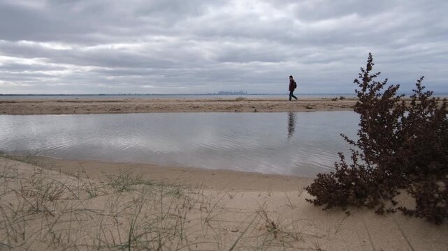 a solitary person with a backpack walking across beach at Point Cooke Marine Sanctuary. The far horizon reveals the hazy silhouette of the Melbourne city skyline across Port Phillip Bay.