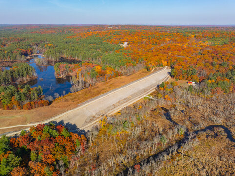 West River aerial view in fall near West Hill Dam and Reservoir in town of Uxbridge, Massachusetts MA, USA. 