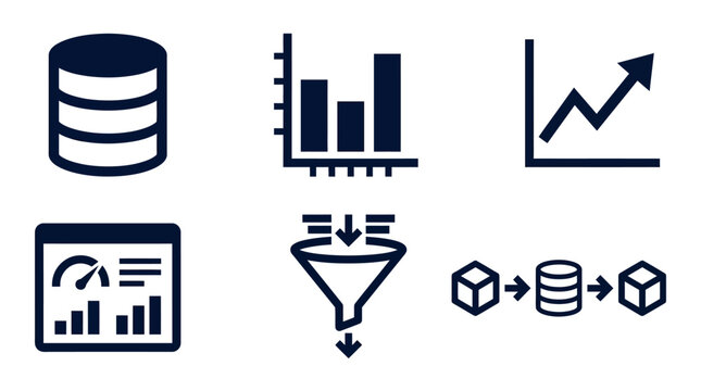 A collection of dark blue data analytics icons including database server, bar charts, trend graphs, and processing funnel diagrams