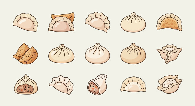 Variety of dumplings and pastries displayed.