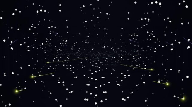 Abstract perspective with geometric laser light beams among many white dots on dark backdrop creating a futuristic dimensional scene