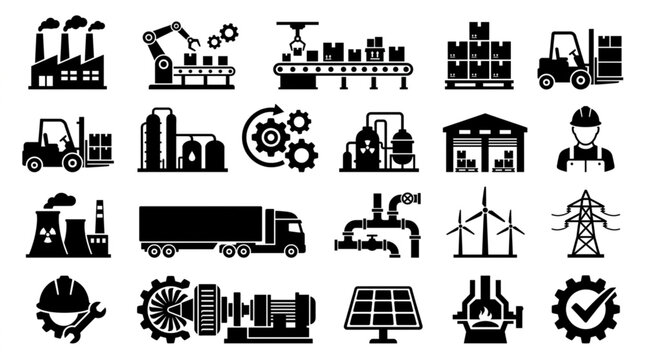 Industrial icons and machinery symbols.