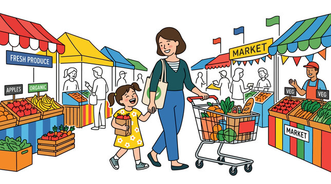 Illustration of a woman and a young girl shopping for fresh produce at an outdoor market with colorful stalls and vibrant fruits and vegetables.