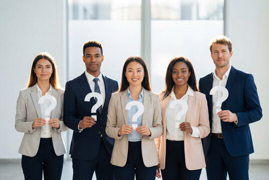Diverse team of business professionals holding question mark signs looking at the camera