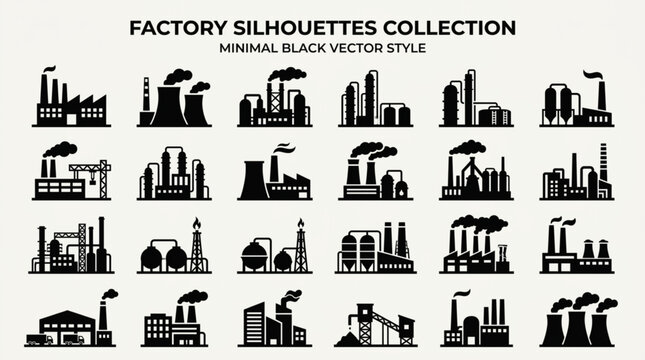 Industrial Factory Silhouettes Vector Icons.