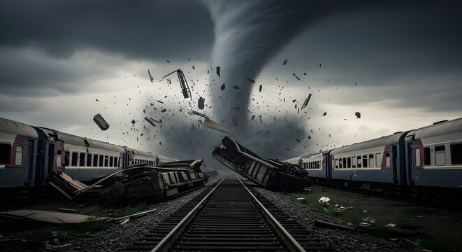 Dramatic Tornado Wrecks Train Tracks and Station With Debris Flying Amidst Stormy Skies