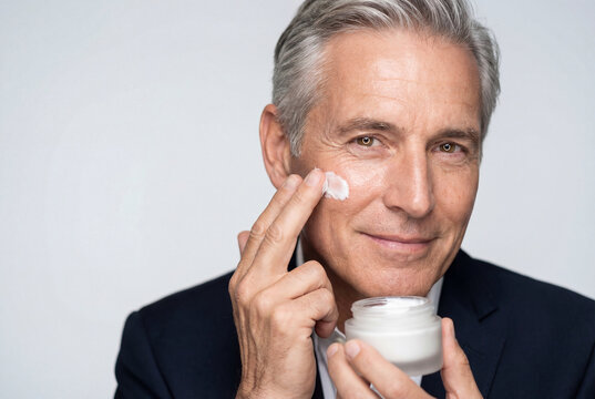 Handsome senior man applying moisturizing lotion for a male skincare routine on a white background