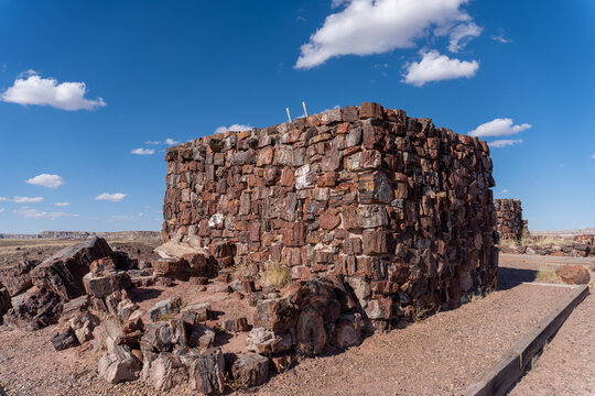 Agate House, reconstructed Puebloan building in Petrified Forest National Park, Arizona. Built almost entirely of petrified wood. Eight-room pueblo of agatized wood laid in a clay mortar.
