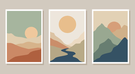 Minimalist Mountain Landscape Wall Art Set With Sun And River Illustration © Asyam Design