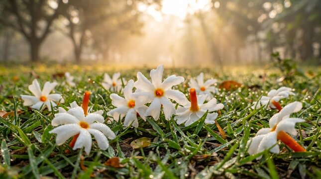 Beautiful Shiuli Flowers Scattered on Green Grass with Morning Dew and Sunbeams