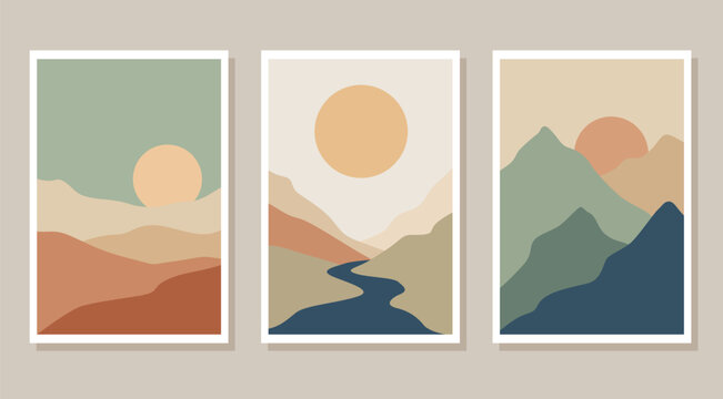 Minimalist Mountain Landscape Wall Art Set With Sun And River Illustration