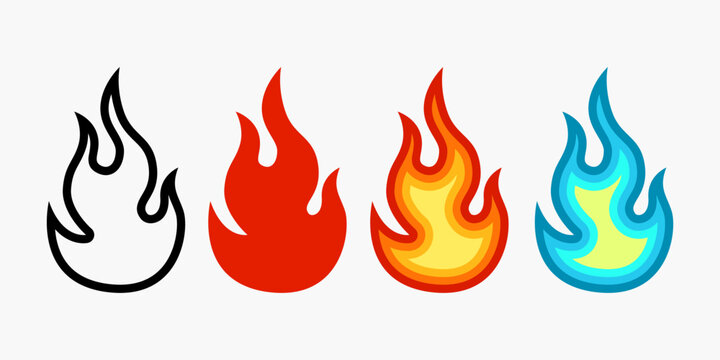 Collection of flame icons in various art styles, outline and flat vector illustrations model 3