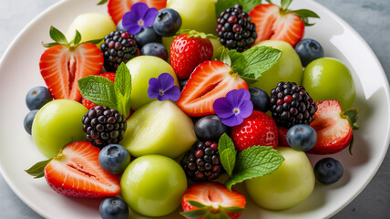 Obraz premium Fresh Fruit Salad on a White Plate with Green Apples and Berries on a Marble Surface