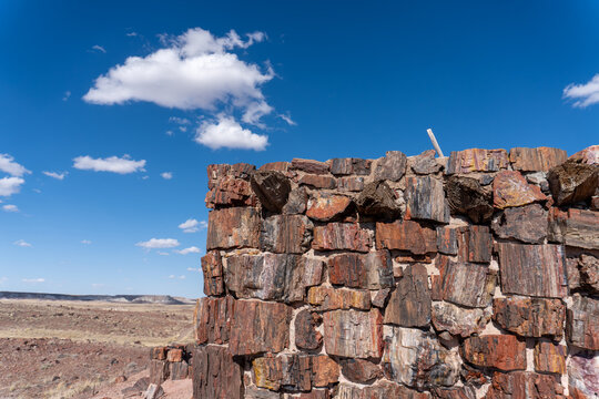 Agate House, reconstructed Puebloan building in Petrified Forest National Park, Arizona. Built almost entirely of petrified wood. Eight-room pueblo of agatized wood laid in a clay mortar.