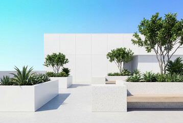 Naklejka premium Modern rooftop garden with green plants against a blue sky