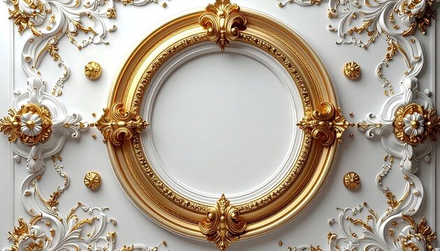 Ornate Circular Baroque Frame With Gold And White Floral Carvings And Intricate Architectural Flourishes On A Classical Decorative Ceiling Panel