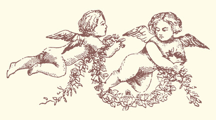 Fototapeta premium Two cherubs with wings and laurel garland line art hand drawn decoration ornament illustration classical mythology childhood innocence celebration valentine botanical historical stylized