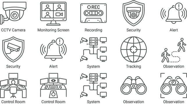 Outline Icon Set: Security, Surveillance, and Monitoring Technology Concepts