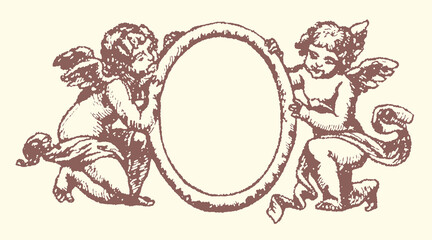 Fototapeta premium Antique illustration of two cherubs holding an oval frame with baby angel vintage cherub antique drawing ornamental design decorative element graphic ornament hand drawn line art angelic illus