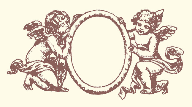 Antique illustration of two cherubs holding an oval frame with baby angel vintage cherub antique drawing ornamental design decorative element graphic ornament hand drawn line art angelic illus