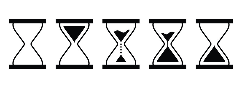 Hourglass timer icon set, sand clock countdown time deadline symbol. Hourglass icon set featuring sand clocks with varying frames and sand levels. Hourglass shapes illustrating time passage. Eps10