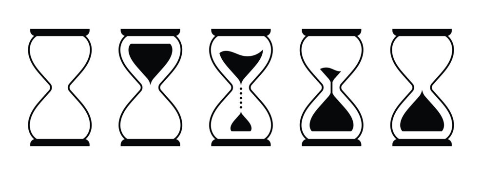Hourglass timer icon set, sand clock countdown time deadline symbol. Hourglass icon set featuring sand clocks with varying frames and sand levels. Hourglass shapes illustrating time passage. Eps10