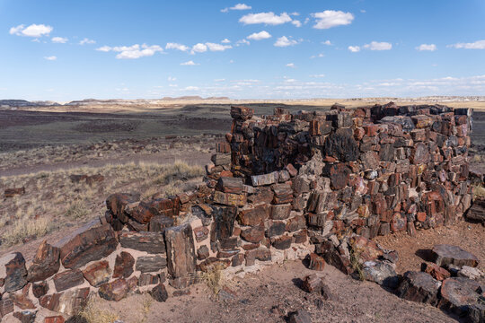 Agate House, reconstructed Puebloan building in Petrified Forest National Park, Arizona. Built almost entirely of petrified wood. Eight-room pueblo of agatized wood laid in a clay mortar.