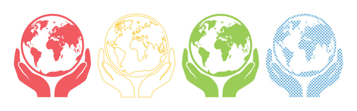 Global care vector icon set, four colorful hands holding world earth globe symbols. Environmental protection, social responsibility, and international support concept for web and print.