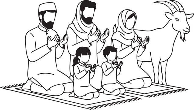 Muslim family praying with a sacrificial goat for eid al-adha, religion