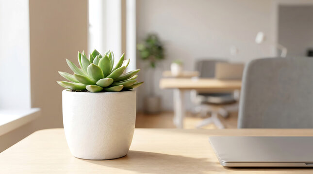 A small green succulent plant in a white pot on a wooden desk in a modern office space with a laptop and chair